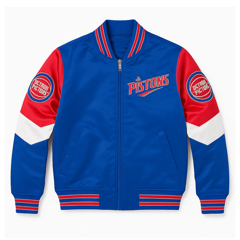 Detroit Pistons Throw It Back Heavyweight Royal Satin Jacket 01 Detroit Pistons Throw It Back Heavyweight Royal Satin Jacket