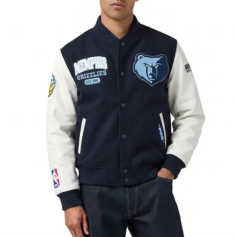 Memphis Grizzlies City Arch Navy and White Varsity Jacket 01 Memphis Grizzlies City Arch Navy and White Varsity Jacket