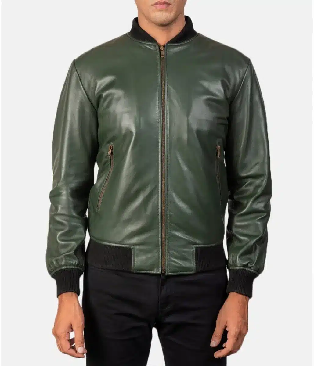 Men’s Bomber Casual Green Leather Jacket 01 Men’s Bomber Casual Green Leather Jacket