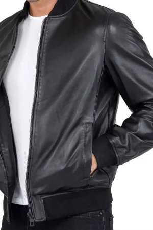 Men’s Casual Bomber Real Black Leather Jacket