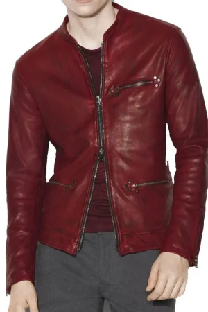 Men’s Casual Red Burnished Dual Zipper Jacket