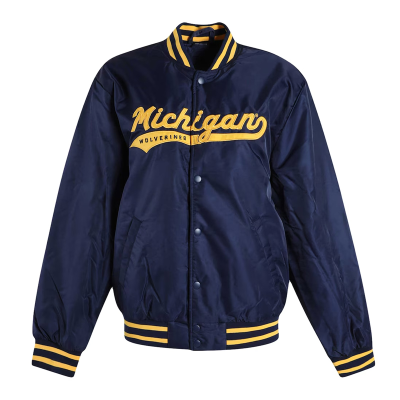 Michigan Wolverines A Game Navy Varsity Satin Jacket 01 Michigan Wolverines A Game Navy Varsity Satin Jacket