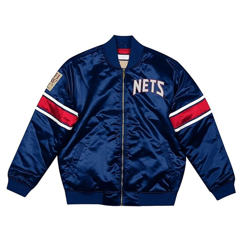 New Jersey Nets Heavyweight Navy Satin Jacket 01 New Jersey Nets Heavyweight Navy Satin Jacket