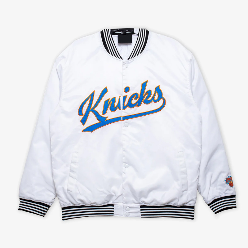 New York Knicks White Varsity Nylon Jacket 01 Chicago Bulls White Varsity Nylon Jacket