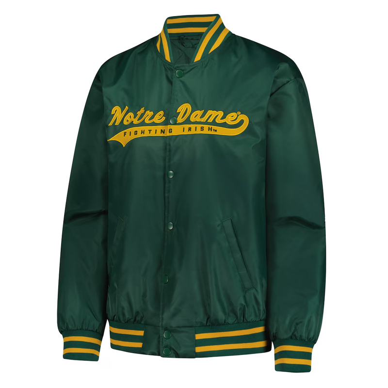 Notre Dame Fighting Irish A Game Green Varsity Satin Jacket 01 Notre Dame Fighting Irish A Game Green Varsity Satin Jacket