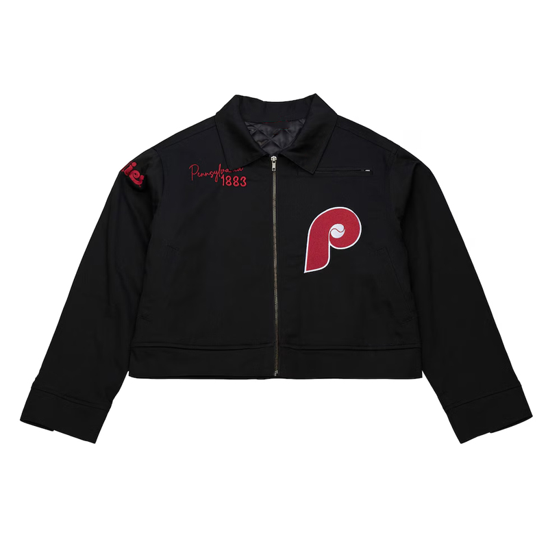 Philadelphia Phillies Black Mechanic Cropped Full-Zip Jacket 01 Philadelphia Phillies Black Mechanic Cropped Full-Zip Jacket