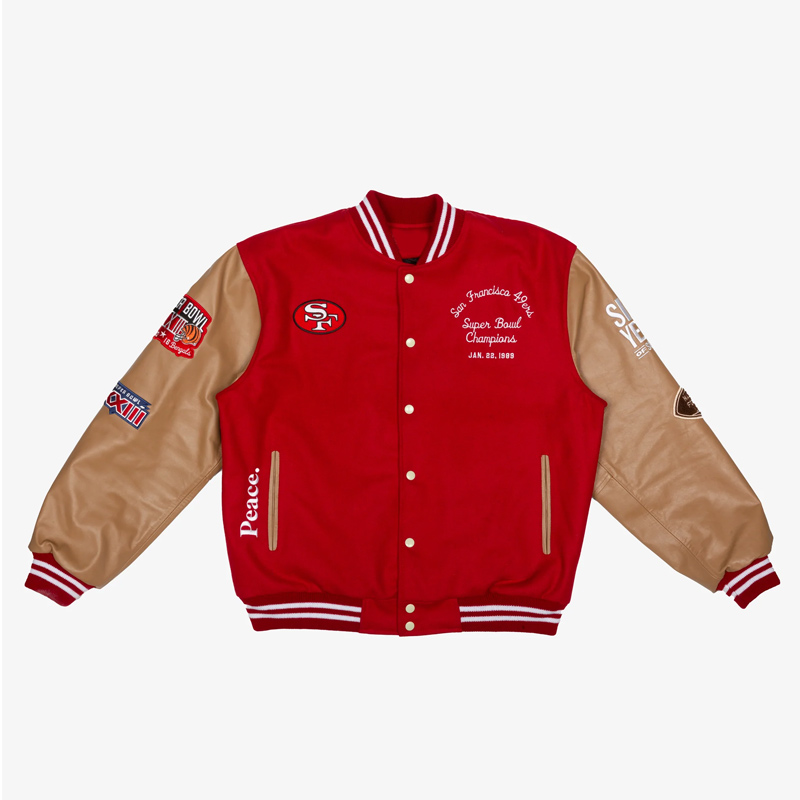 Super Bowl 1989 San Francisco 49ers Red and Brown Varsity Jacket 01 Super Bowl 1989 San Francisco 49ers Red and Brown Varsity Jacket