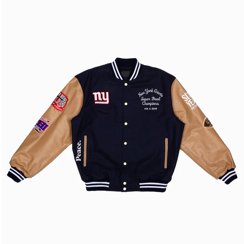 Super Bowl 2008 NY Giants Navy and Brown Varsity Jacket 01 Super Bowl 2008 NY Giants Navy and Brown Varsity Jacket