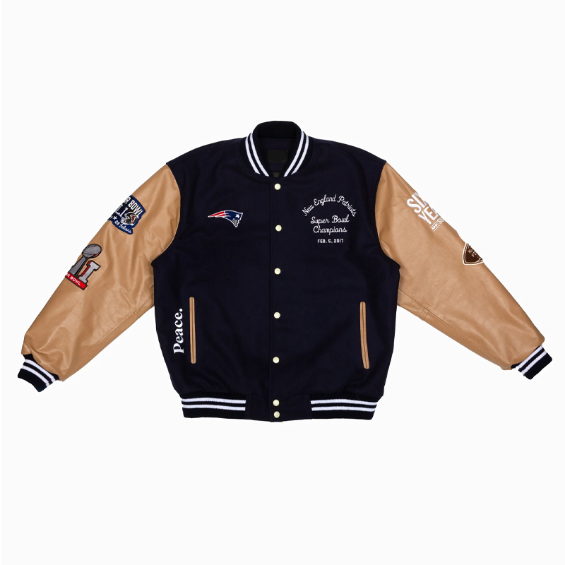 Super Bowl 2017 New England Patriots Navy and Brown Varsity Jacket 01 Super Bowl 2017 New England Patriots Navy and Brown Varsity Jacket