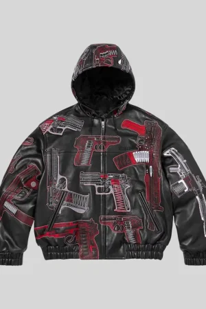 Shop Supreme SS26 Guns White And Black Leather Hooded Jacket For Sale
