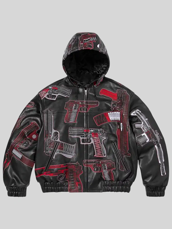 Supreme-SS26-Guns-Black-Jacket Shop Supreme SS26 Guns White And Black Leather Hooded Jacket For Sale