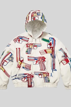 Shop Supreme SS26 Guns White And Black Leather Hooded Jacket For Sale