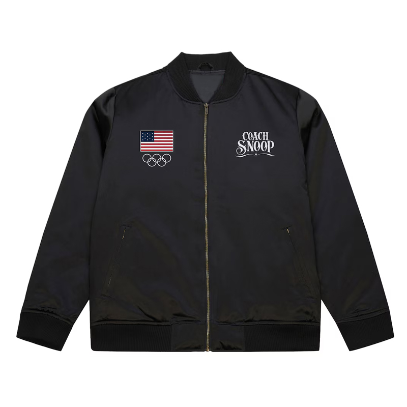 Team USA Coach Snoop Black Satin Bomber Jacket 01 Team USA Coach Snoop Black Satin Bomber Jacket