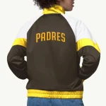 Product Specification: Suitable for both genders Inspired by Baseball team: San Diego Padres Material: Polyester Inner: Viscose lining Color: Color block Collar: Stand-up collar Front: Full-zippered closure Sleeves: Long sleeves with contrasting color panels Cuffs: Elastic Hemline: Elastic Logo: Bold Starter logo and team branded accents featured on chest and back Pockets: Two front side pockets and inner pocket