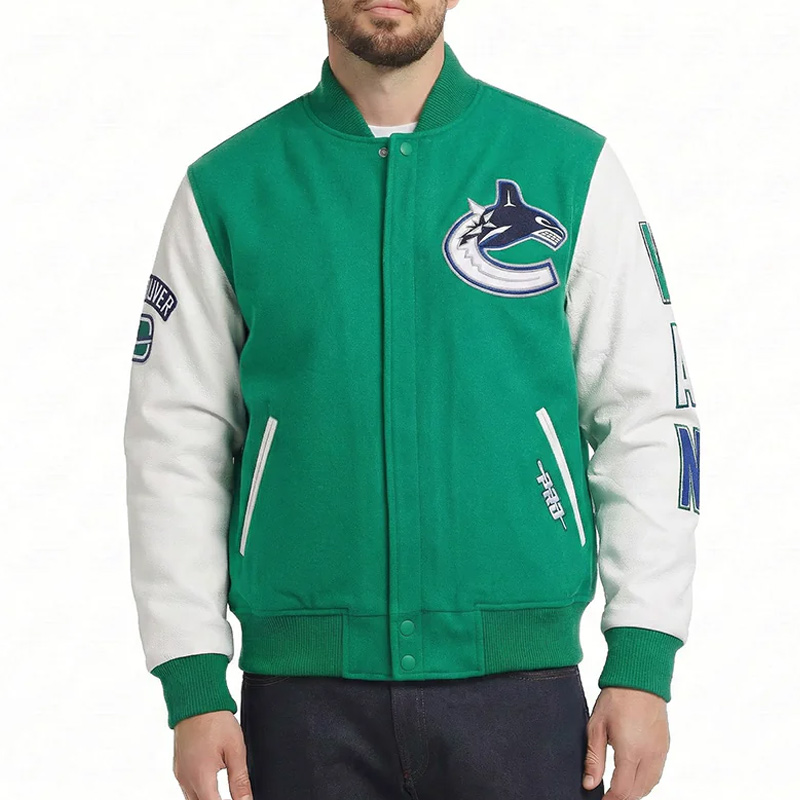 Vancouver Canucks Classic Green and White Varsity Jacket 01 Vancouver Canucks Classic Green and White Varsity Jacket