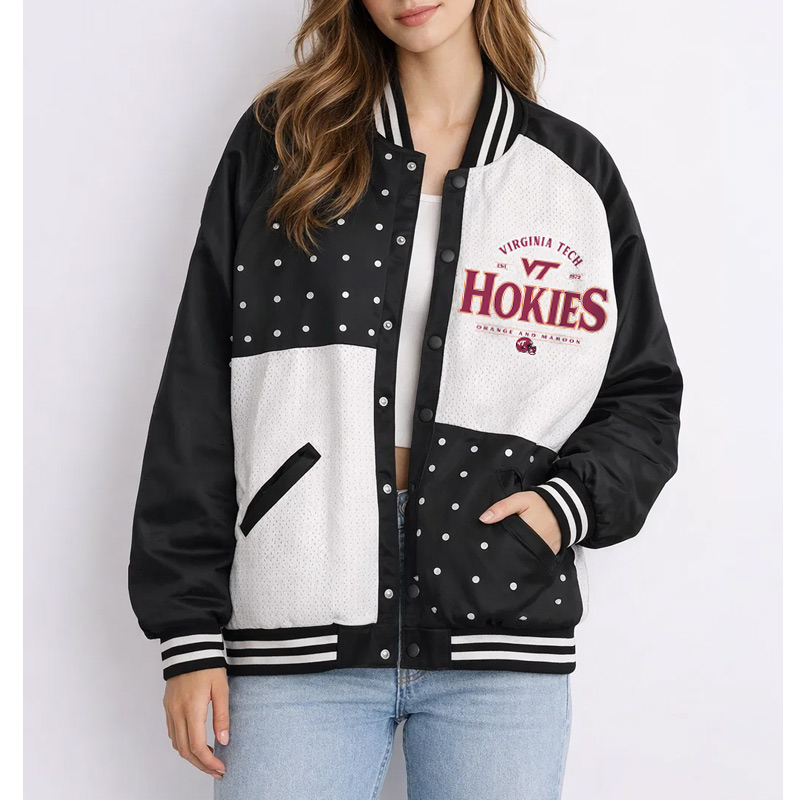 Virginia Tech Hokies Inner Drive Varsity Rhinestone Black Jacket 01 Virginia Tech Hokies Inner Drive Varsity Rhinestone Black Jacket