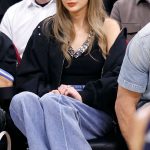Taylor Swift Knicks Game 2026 Stella Mccartney Black Patchwork Denim Bomber Jacket
