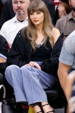 Taylor Swift Knicks Game 2026 Stella Mccartney Black Patchwork Denim Bomber Jacket