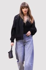 Taylor Swift Knicks Game 2026 Stella Mccartney Black Patchwork Denim Bomber Jacket