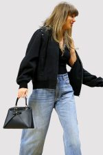 Taylor Swift Knicks Game 2026 Stella Mccartney Black Patchwork Denim Bomber Jacket