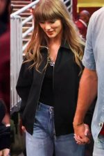 Taylor Swift Knicks Game 2026 Stella Mccartney Black Patchwork Denim Bomber Jacket