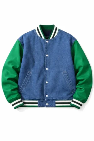 Classic Snap Button Bomber Denim Varsity Jacket