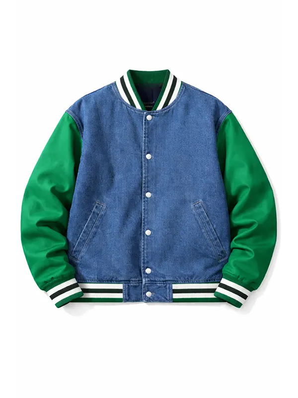 Classic Snap Button Bomber Denim Varsity Jacket 01 Classic Snap Button Bomber Denim Varsity Jacket