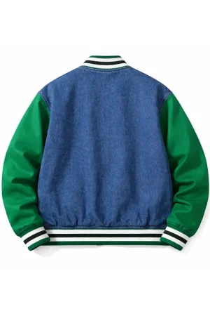 Classic Snap Button Bomber Denim Varsity Jacket