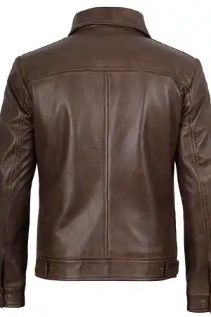 Men's Harrington Style Chocolate Brown Leather Jacket | Shirt Collar