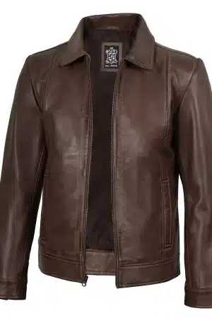 Men's Harrington Style Chocolate Brown Leather Jacket | Shirt Collar