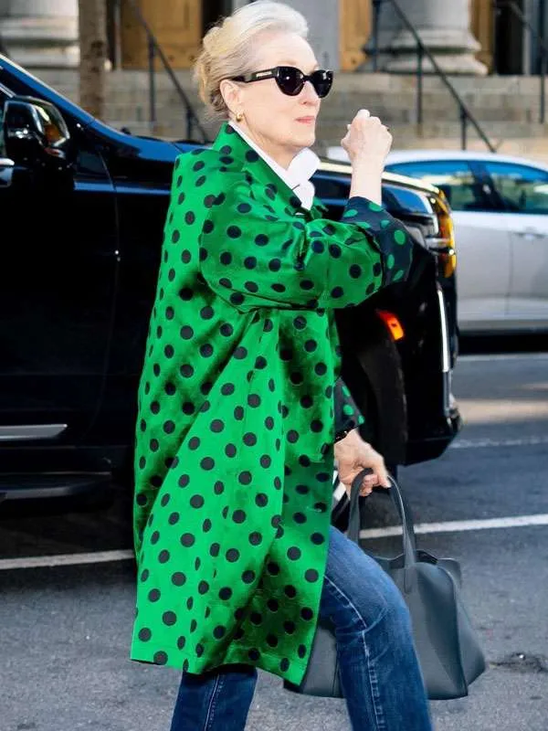 Meryl-Streep-The-Devil-Wears-Prada-2-Polka-Dot-Coat Miranda The Devil Wears Prada 2 Meryl Streep Green and Black Polka Dot Coat
