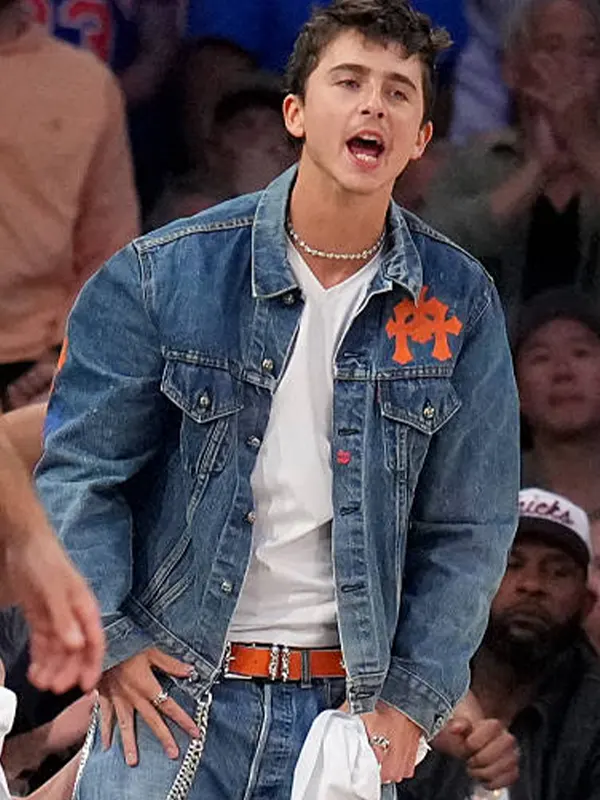 Timothee-Chalamet-Knicks-Game-4-Denim-Trucker-Jacket- Timothée Chalamet Chrome Hearts Knicks Denim Jacket inspired by his NBA Finals courtside look, featuring premium blue denim and New York Knicks-inspired detailing.
