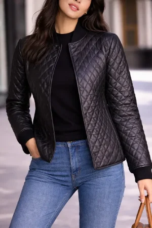 Women Faux Leather Quilted Jacket Black
