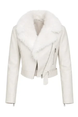 Women’s White Leather Biker Jacket with Faux Fur Collar