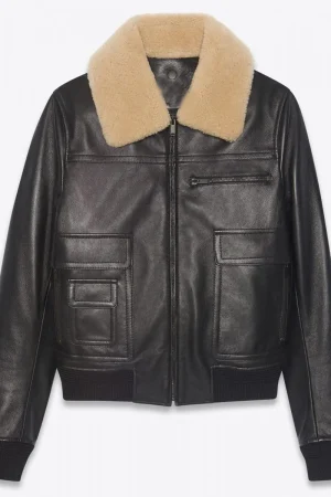 Men’s Black Sheepskin Leather Aviator Jacket with Removable Fur Collar