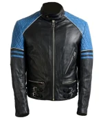 Men’s Quilted Biker Stylish Black and Blue Leather Jacket