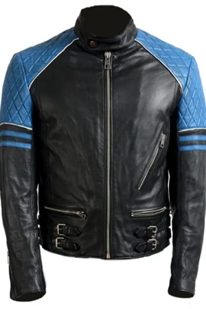 Men’s Quilted Biker Stylish Black and Blue Leather Jacket