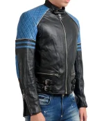 Men’s Quilted Biker Stylish Black and Blue Leather Jacket
