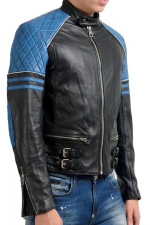Men’s Quilted Biker Stylish Black and Blue Leather Jacket