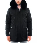 Men’s Black Admiral Hooded Coat with Fur Collar