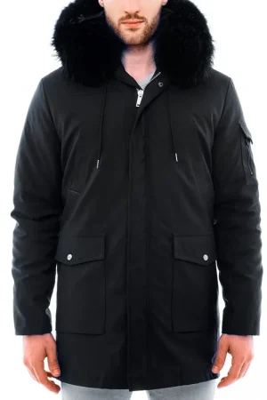Men’s Black Admiral Hooded Coat with Fur Collar
