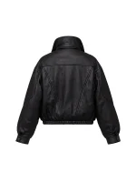Women Oversized Black Funnel Neck Leather Jacket - Image 2