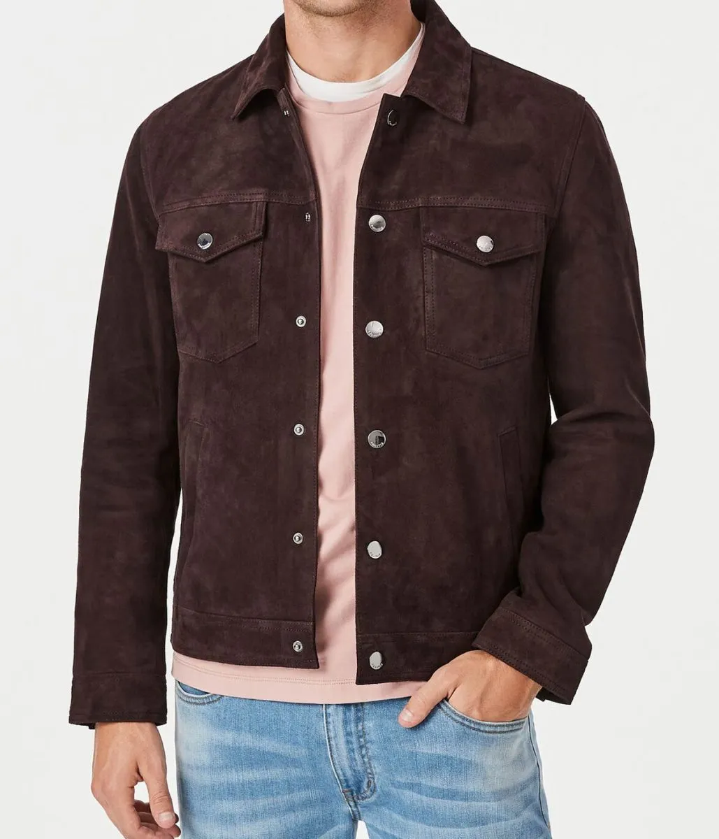 brown-trucker-jacket-scaled1 Men’s Suede Trucker Brown Leather Jacket
