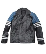 Men’s Classic Black and Blue Striped Leather Biker Jacket