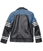 Men’s Classic Black and Blue Striped Leather Biker Jacket - Image 2