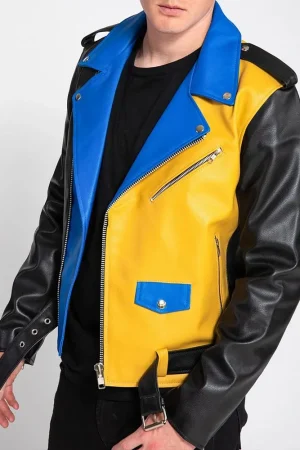 Men’s Color Block Biker Leather Jacket