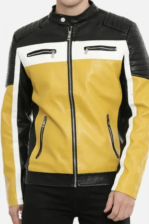 Men’s Color Block Quilted Leather Motorcycle Jacket