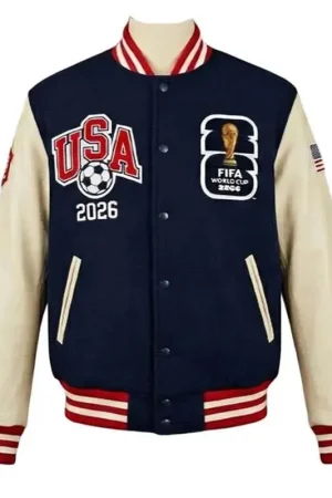 Product Specification: For both genders Inspired by: 2026 FIFA World Cup Material: Wool body with genuine leather sleeves Inner: Viscose lining Color: Navy and Off-White Collar: Rib-knitted Front: Buttoned closure Sleeves: Full with team patches Cuffs and hemline: Rib-knitted Classic 2026 FIFA World Cup spirit detail on front and back Pockets: Two outer pockets and two inner pockets Exclusive stitching: