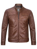 Hudson Men's  Cognac Brown Leather Jacket Racer - Image 2