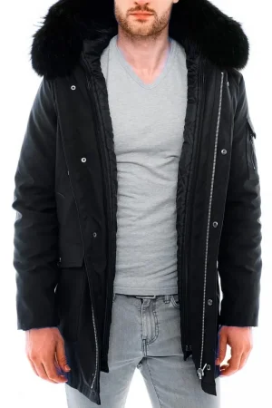 Men’s Black Admiral Hooded Coat with Fur Collar